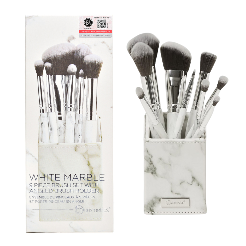 BH Cosmetics White Marble 9 Piece Brush Set With Angeled Brush Holder