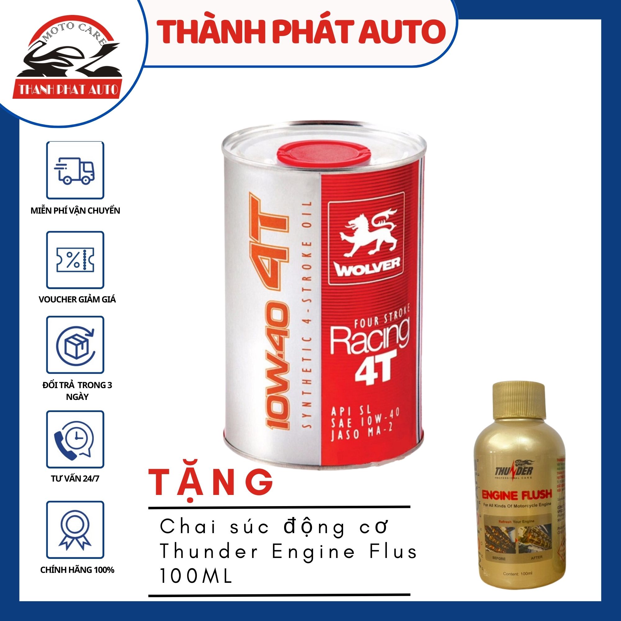 [HCM]Nhớt cao cấp cho xe máy xe tay ga Wolver Racing 4T tổng hợp 10W40 1L tặng chai súc rửa động cơ Engine Flus