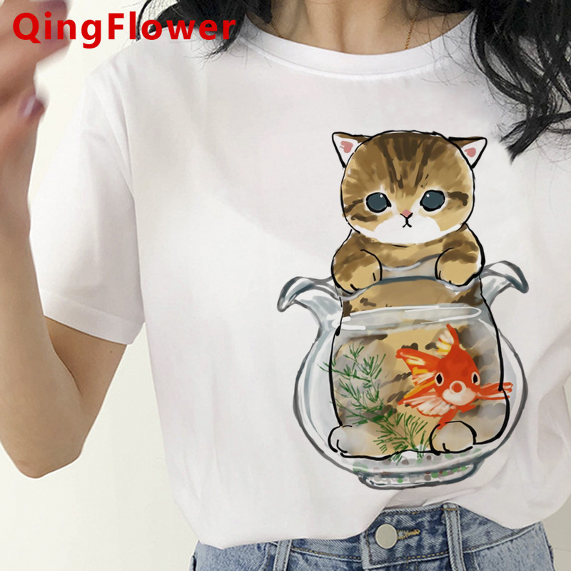 卡哇伊猫搞笑卡通图案T恤女原宿可爱动漫T恤风格时尚T恤上衣T恤女