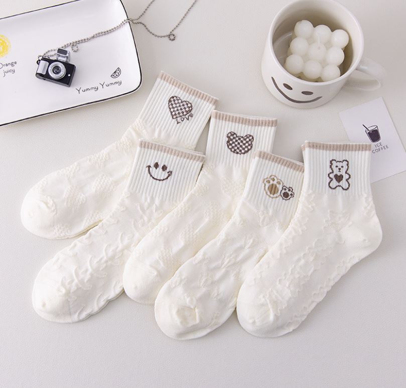 Set 5 Đôi Tất Vớ Nữ Cao Cổ Mix Gấu Caro