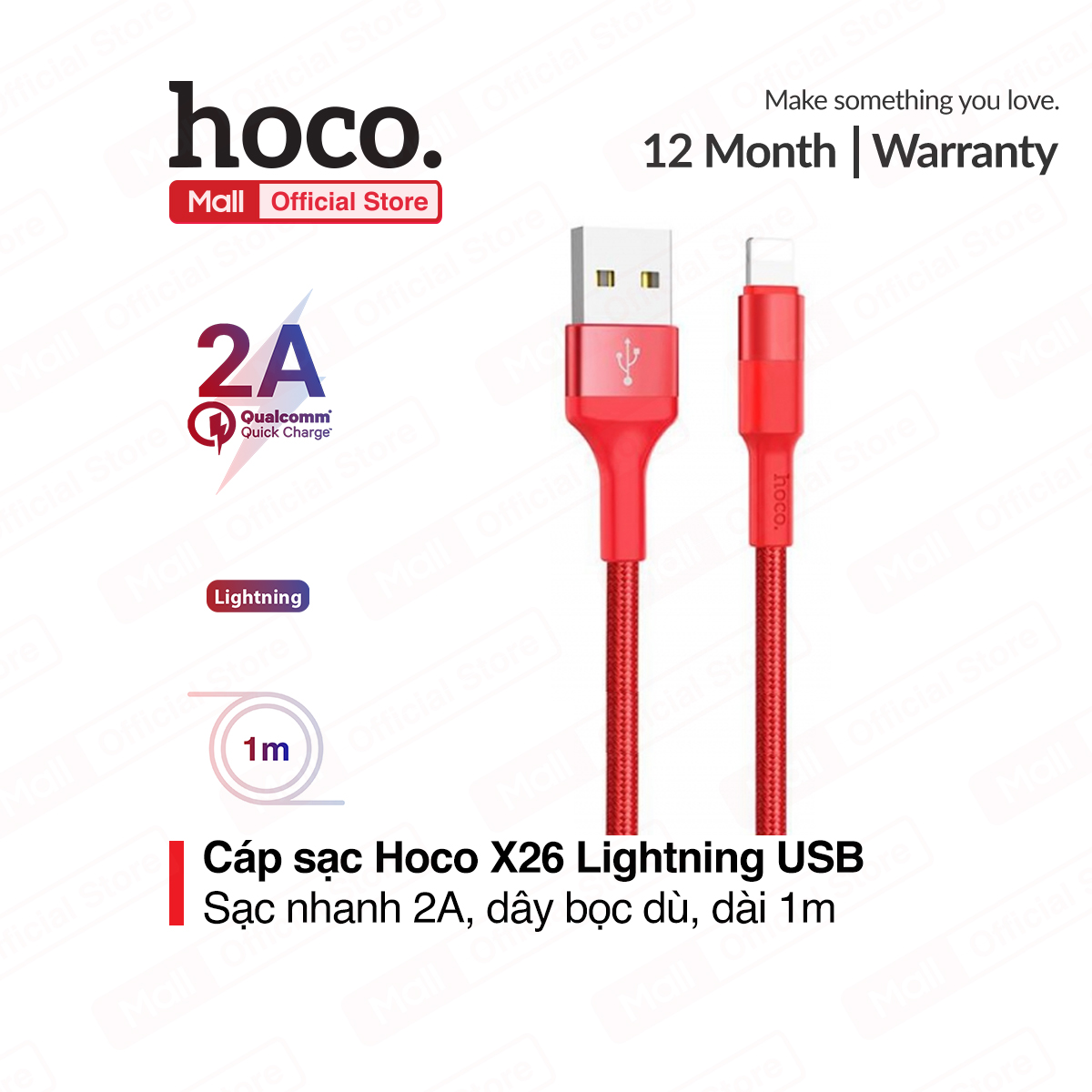 Cáp sạc nhanh và truyền dữ liệu Lightning Hoco X26 sạc nhanh 2A MAX dây sạc bọc dù chống rối chống đứt dành cho iPhone XS max iPhone 11 iPhone 11 Pro max dài 100cm