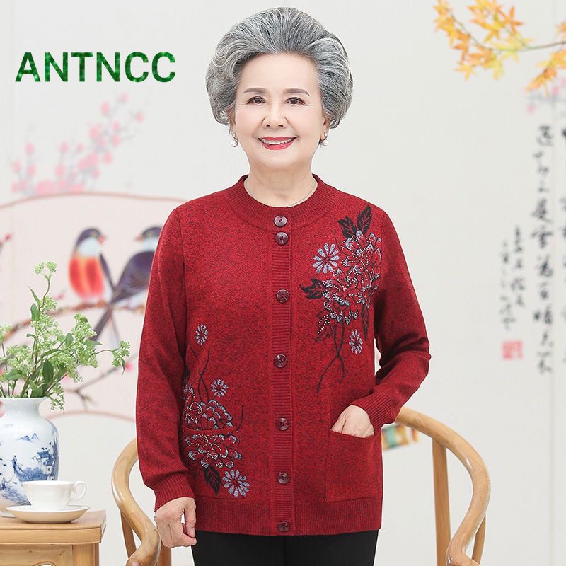 Áo khoác bà già, áo len cho người cao tuổi cổ bẻ sang trọng, áo khoác len nữ trung niên u60 u70 u80 u90