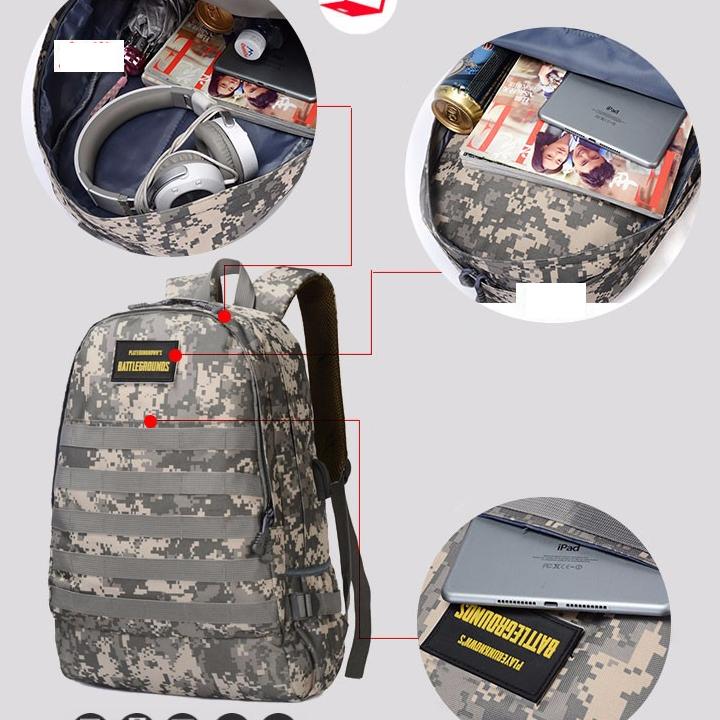 Balo Phượt Người Lính / Balo Game PUBG ( Size Lớn 3 Ngăn Có Cổng Sạc USB Tiện Dụng )