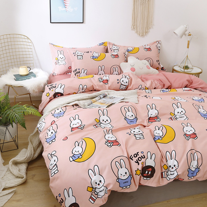 Trọn Bộ 4 Món Chăn Ga Gối Cotton Poly Nhập Mẫu THỎ HỒNG TRĂNG CUTE
