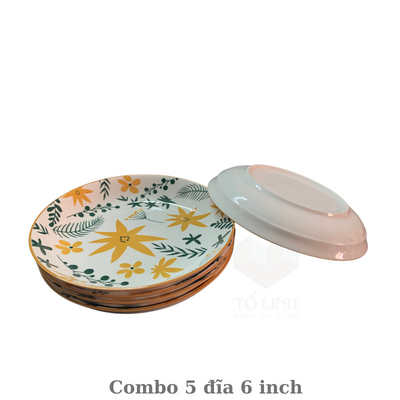 Combo 5 đĩa gốm sứ 15cm, 5 đĩa gốm sứ hoa 6 inch