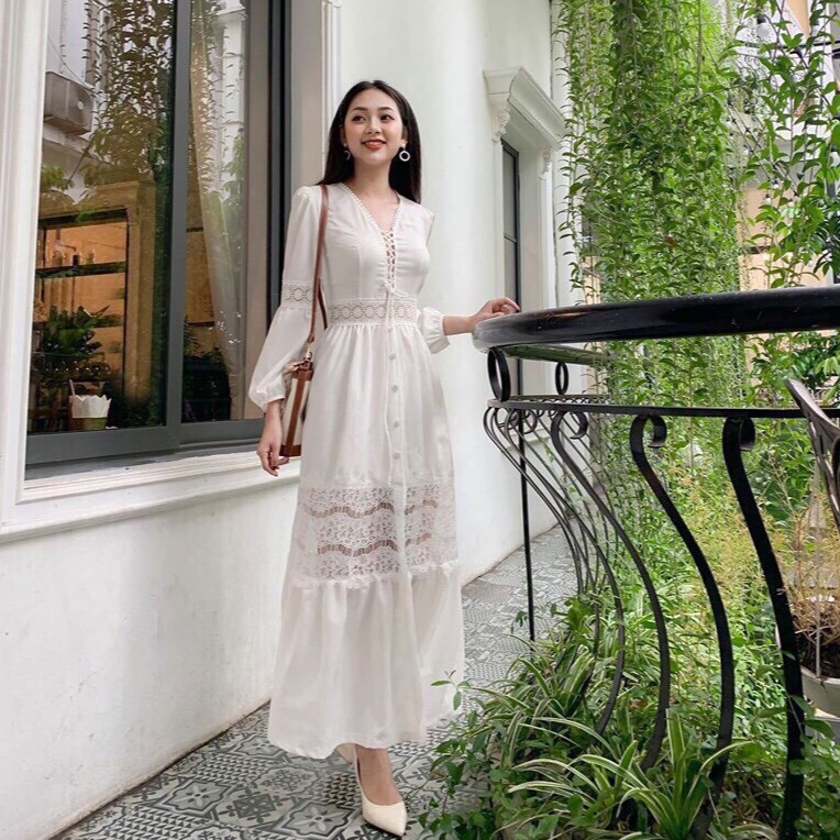 Váy Maxi Trắng Tay Ren