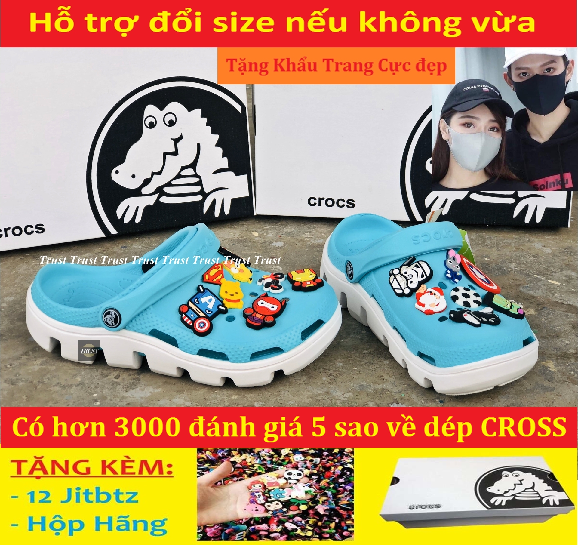 Dép sục Cross du.et quai ngang nam và nữ màu xanh mint đế trắng, cá tính siêu nhẹ đi mưa đi nắng thoải mái chống trơn trượt, có nhiều lỗ thoát hơi thông thoáng, tặng kèm 12 jitbitz và hộp hãng - có hình thật và video tự quay