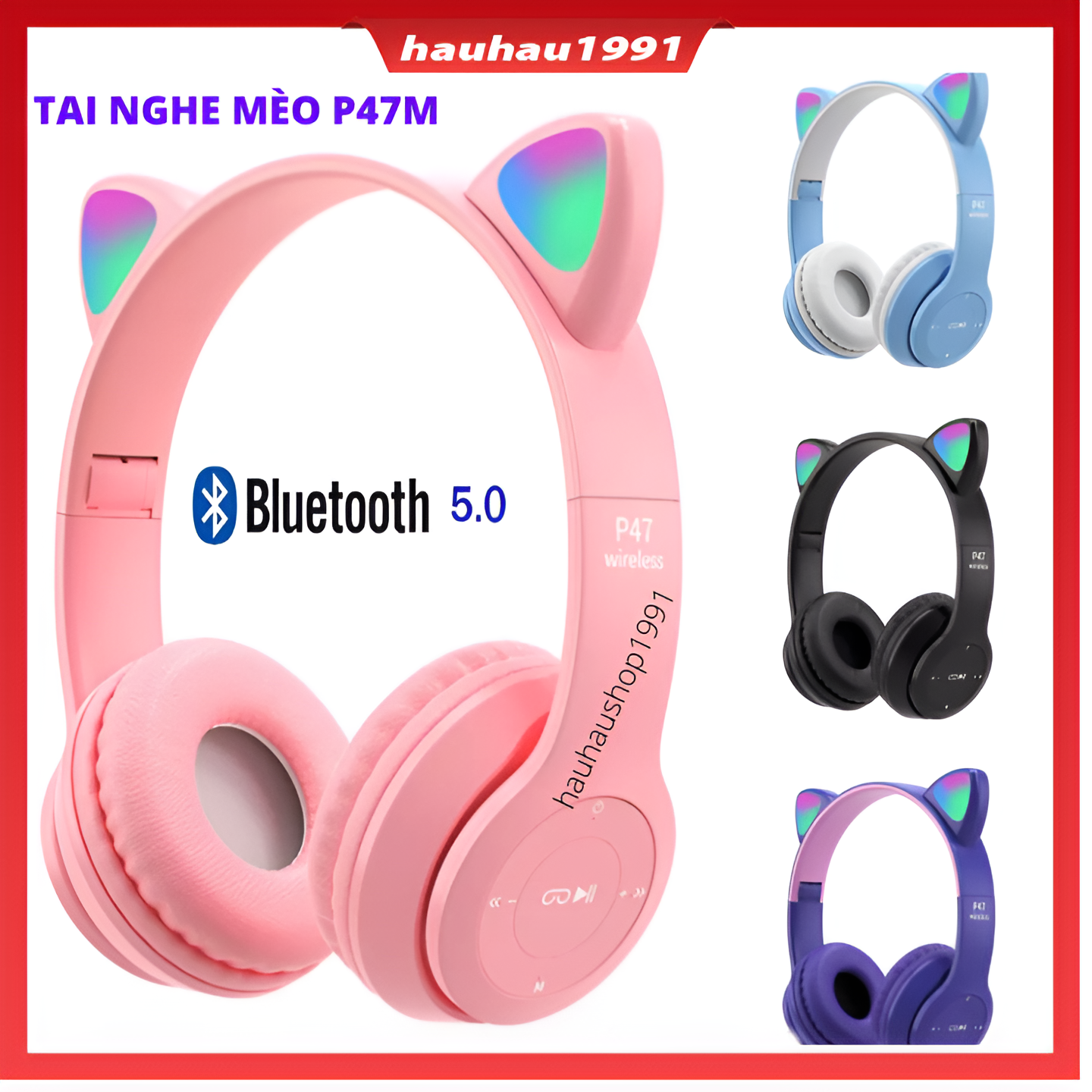 Tai Nghe Mèo Chụp Tai Không Dây Bluetooth Dễ Thương Kute Có Mic Đàm Thoại,Âm Bass Mạnh Mẽ Pin Trâu Có Thể Gấp Gọn