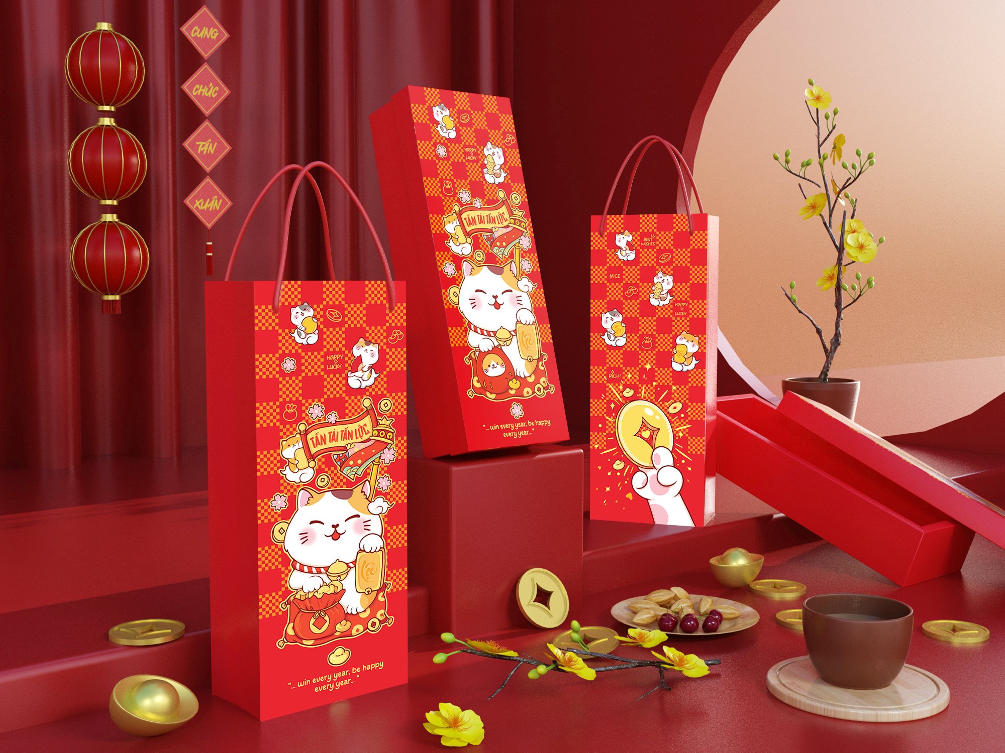 Set 50 bộ / 10 bộ hộp bánh dứa, bánh quy mèo may mắn / lạc xuân / vạn phát / hoa viên