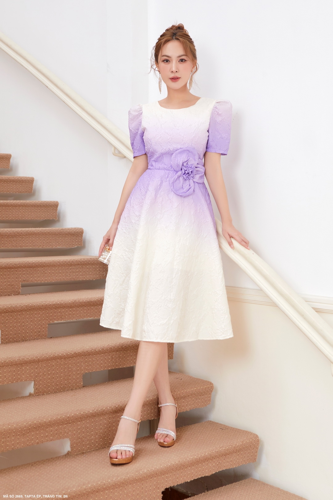 MYDU SHOP | MS 2669 – Đầm Xòe Tím Hoa Eo Dự Tiệc Sang Trọng
