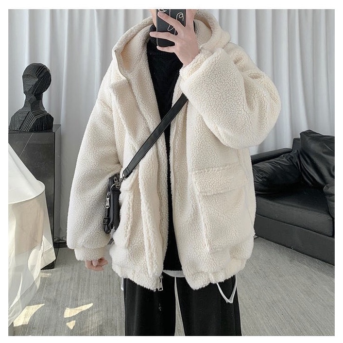 Áo khoác lông cừu thêu logo áo hoodie dáng rộng có nón nam nữ nva197