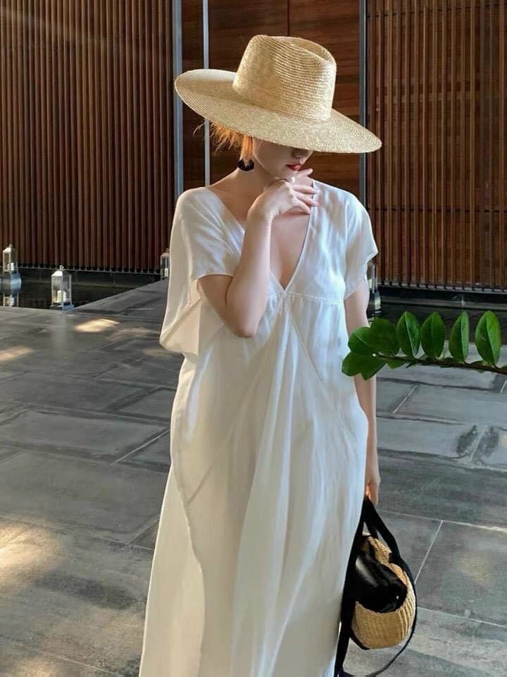 [Ảnh thật] Đầm maxi oversize cổ V tay cánh dơi