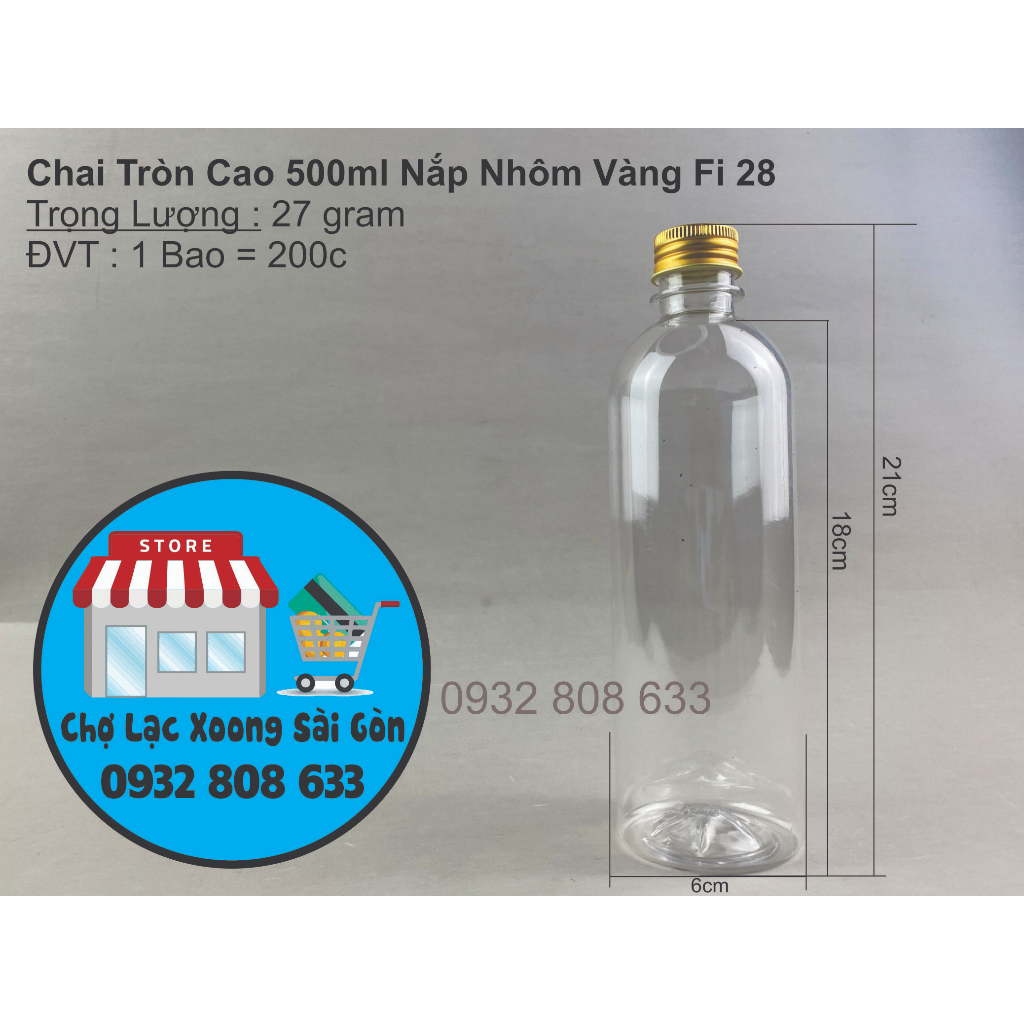 Combo 50 chai nhựa tròn cao 500ml nắp nhôm vàng fi 28