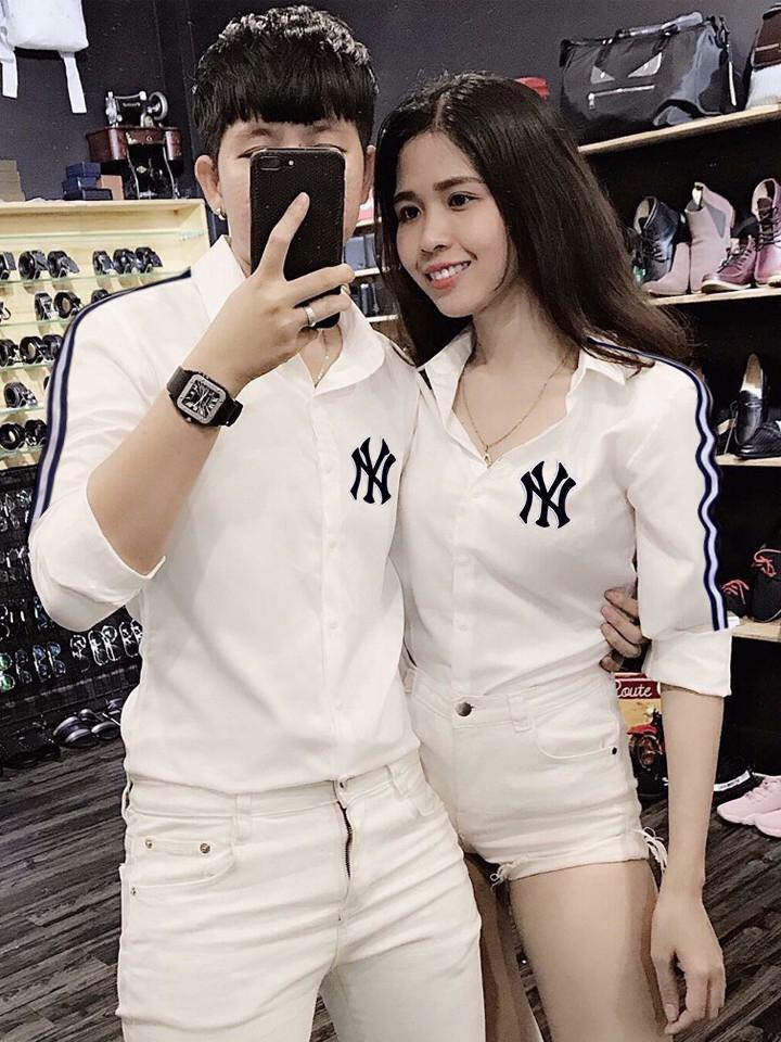 Áo sơ mi nam cao cấp thêu NY sơ mi nam nữ cặp đôi vải lụa mềm mịn chất lượng đẹp như hình