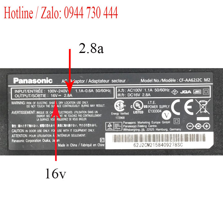 Sạc laptop Panasonic 16v 2.8a 45w