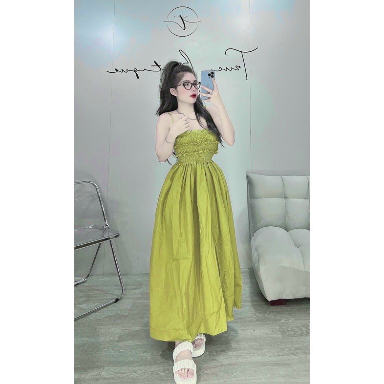 Đầm maxi hai dây chun bo ngực dáng dài, Váy 2 dây dài đi du lịch hottrend , Váy Maxi 2 dây chun ngực bèo nơ sau siêu xinh cho các nàng đi biển