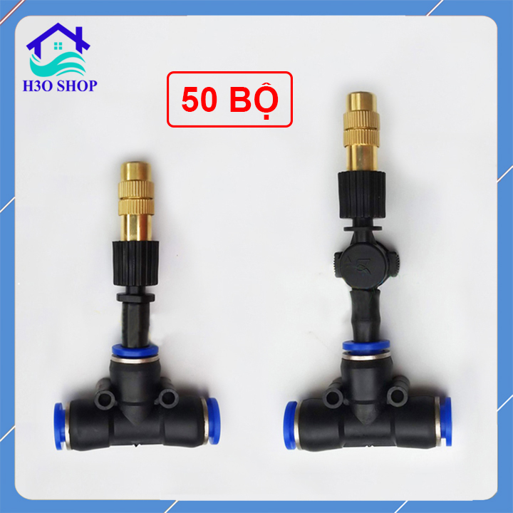 50 bộ béc phun sương tưới lan, làm mát, tưới cây - béc đồng 1 hướng kèm tê nối ống 8mm (tùy chọn van chống rỉ)