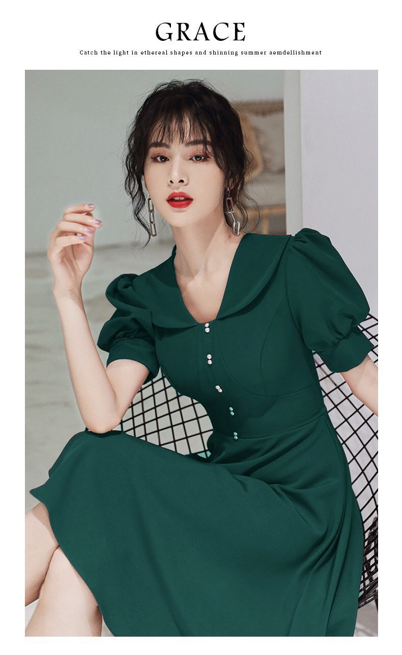 ĐẦM XOÈ CỔ SEN NÚT ĐÔI TAY PHỒNG