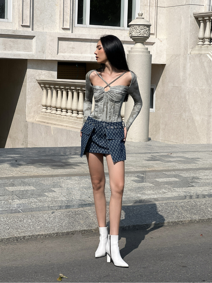COCO SIN - Áo Thun Xám Tay Dài Dây Chéo