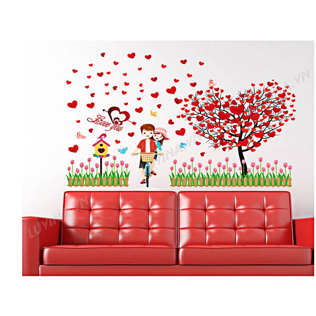 DECAL DÁN TƯỜNG CÂY TRÁI TIM VÀ CẶP ĐÔI XE ĐẠP 12