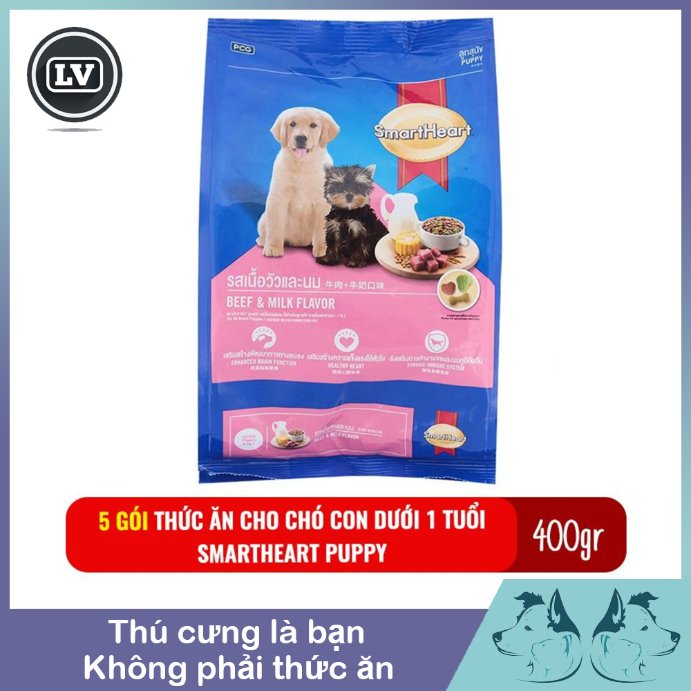Combo 5 gói Thức ăn cho chó con dưới 1 tuổi Smartheart Puppy 400g