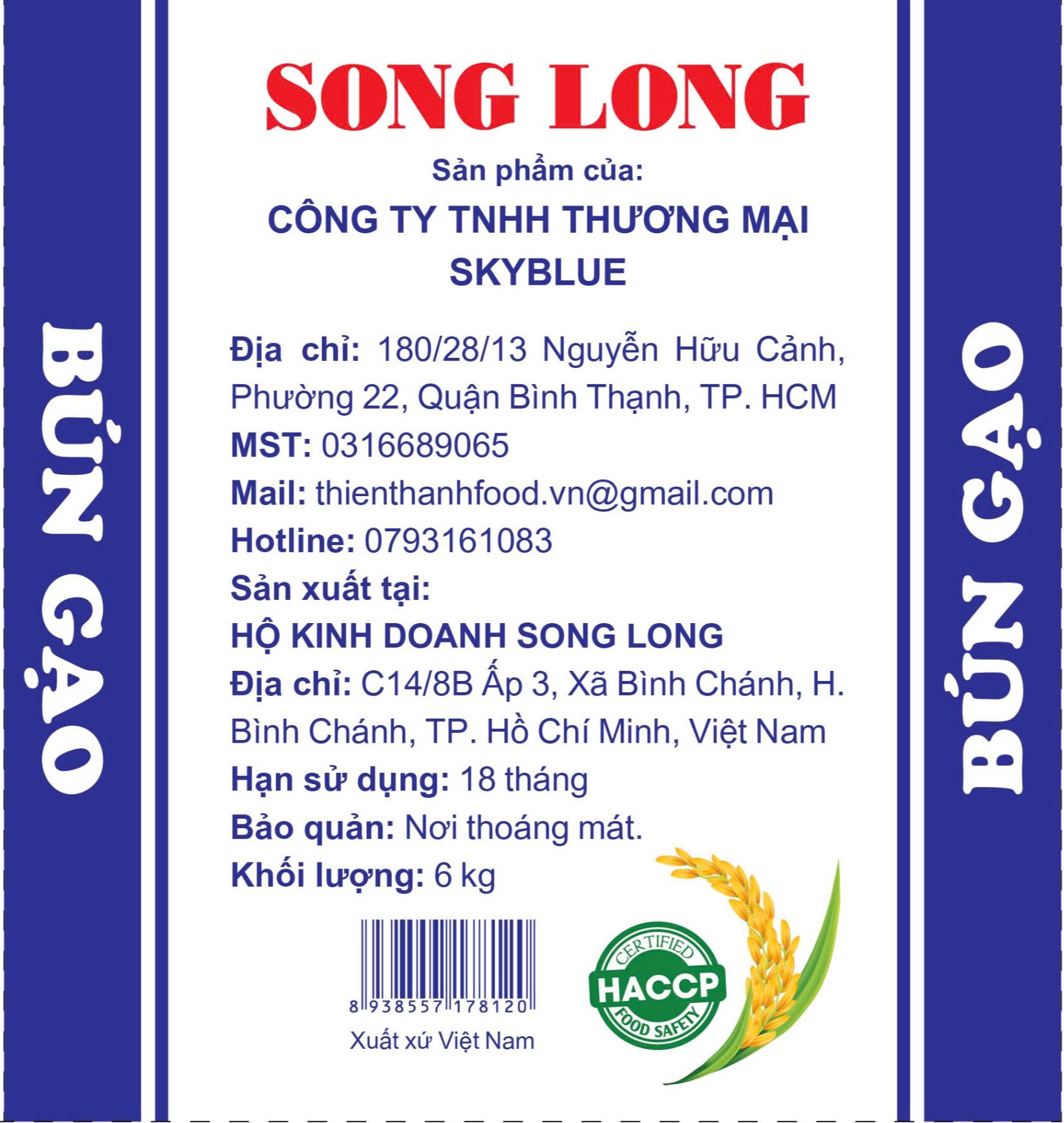 Bún gạo Song Long Xá 6kg