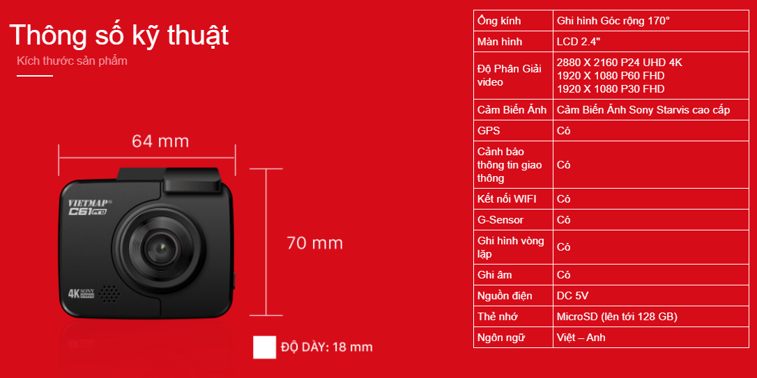 Camera hành trình Vietmap C61 Pro [ Tặng thẻ nhớ 32G + Bảo hành 1 năm]