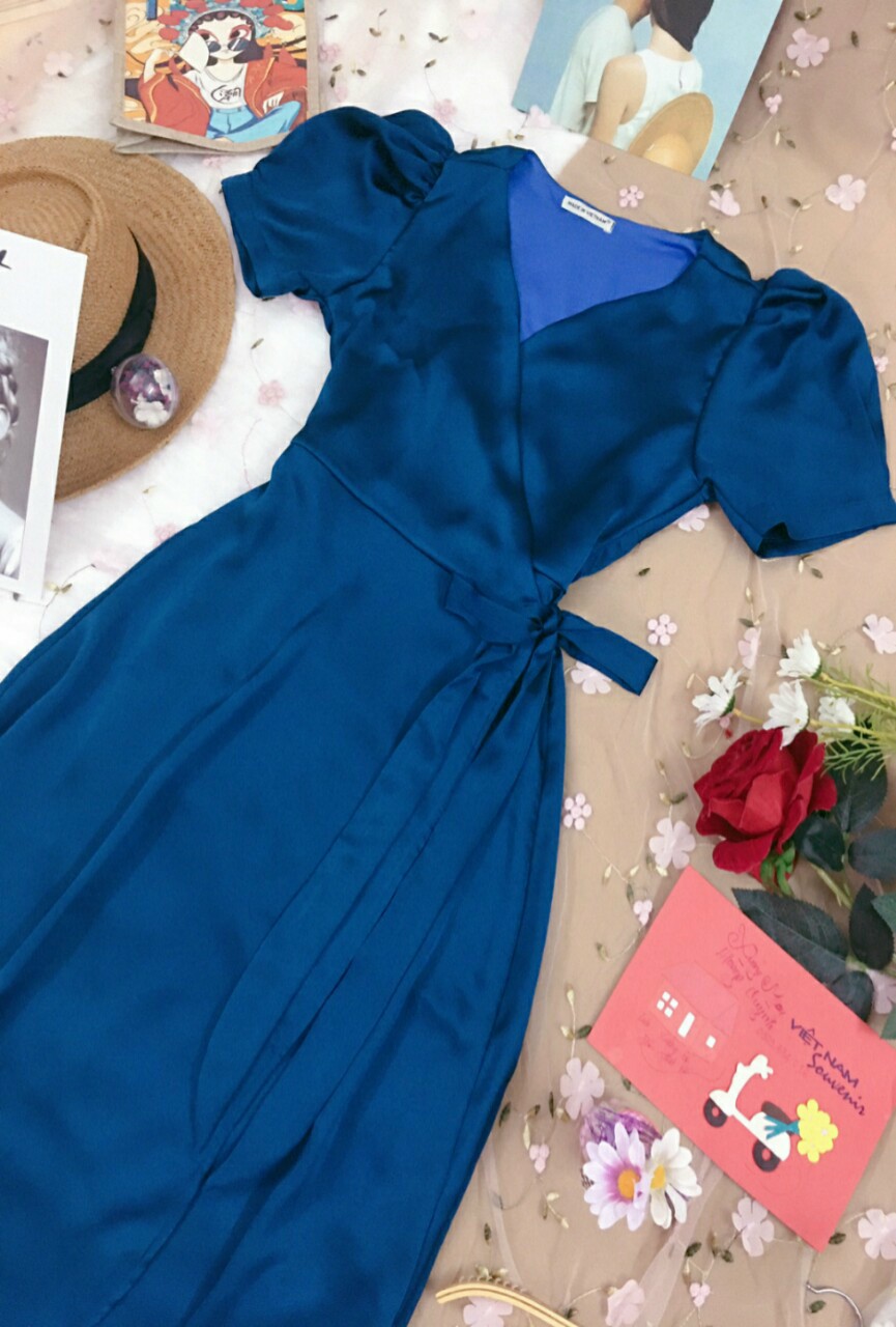 [HCM]Đầm lụa satin đắp tà chéo phong cách Hàn Quốc siêu xinh