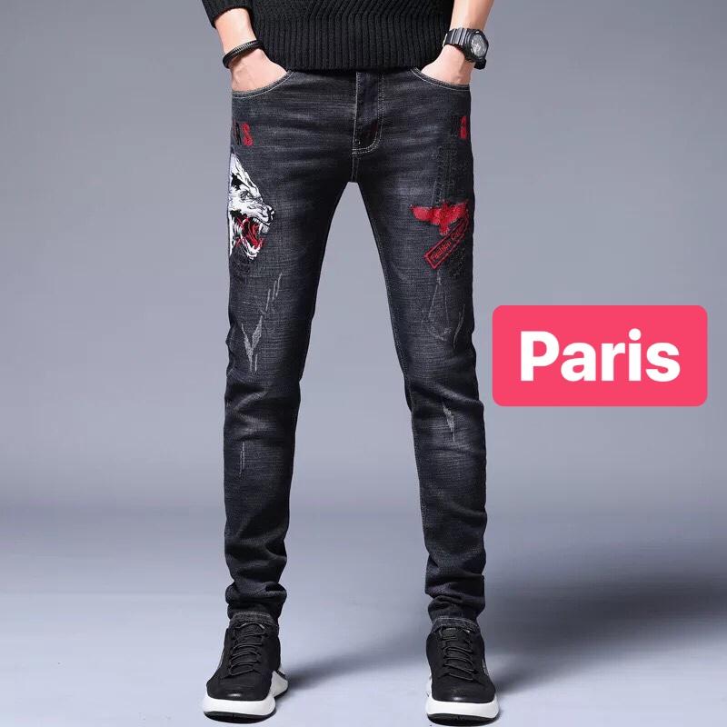 QUẦN JEAN NAM CHẤT BÒ ĐEN THÊU SÓI TRẮNG ÁNH TRĂNG TREND MỚI PR-CJ-446 CAO CẤP - PARIS FASHION