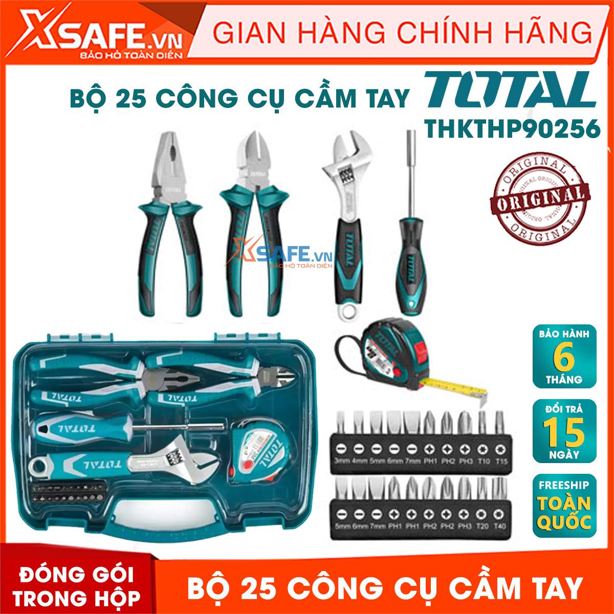 Bộ đồ nghề 25 chi tiết TOTAL THKTHP90256 phù hợp cho kỹ thuật, công trình, dân dụng1 cái kiềm kết hợp 7", 1 kiềm cắt chéo 6" , 1 vặn có thể điều chỉnh 8", 1 thước dây,1 chuôi có nam châm 100mm 20 đầu vít