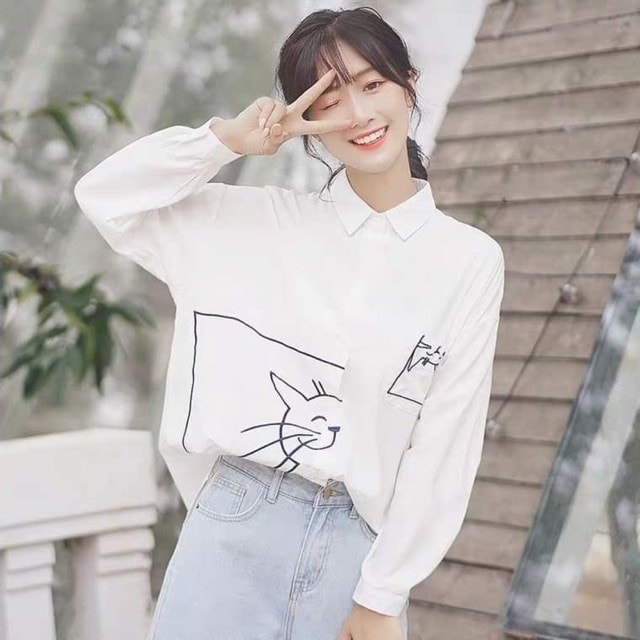 Áo sơ mi in Mèo cười tay dài Trắng