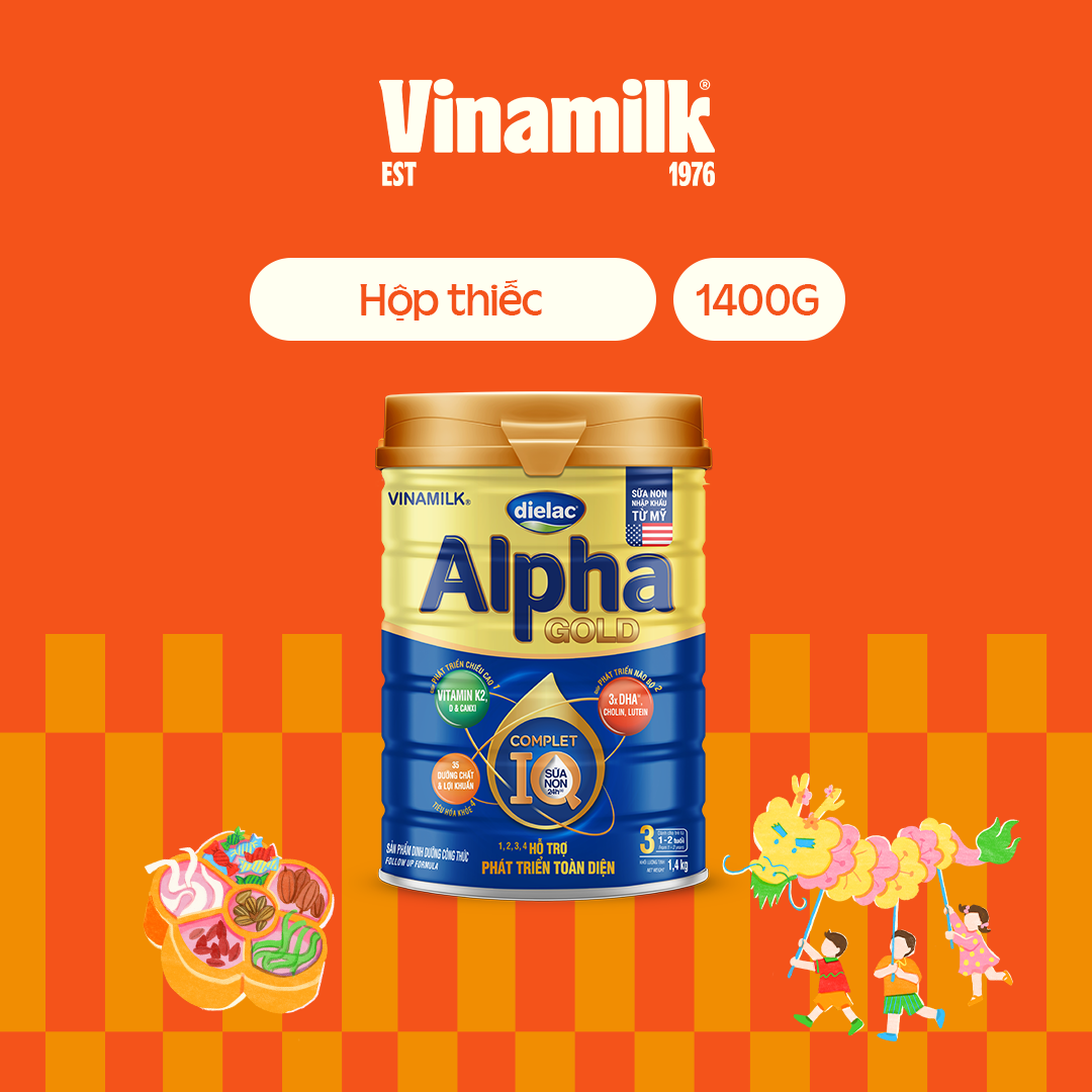 Sữa bột Vinamilk Dielac Alpha Gold 3 - Hộp thiếc 1400g (cho trẻ từ 1 - 2 tuổi) - Sữa công thức hỗ trợ phát triển trí não của trẻ, tăng cân, chiều cao