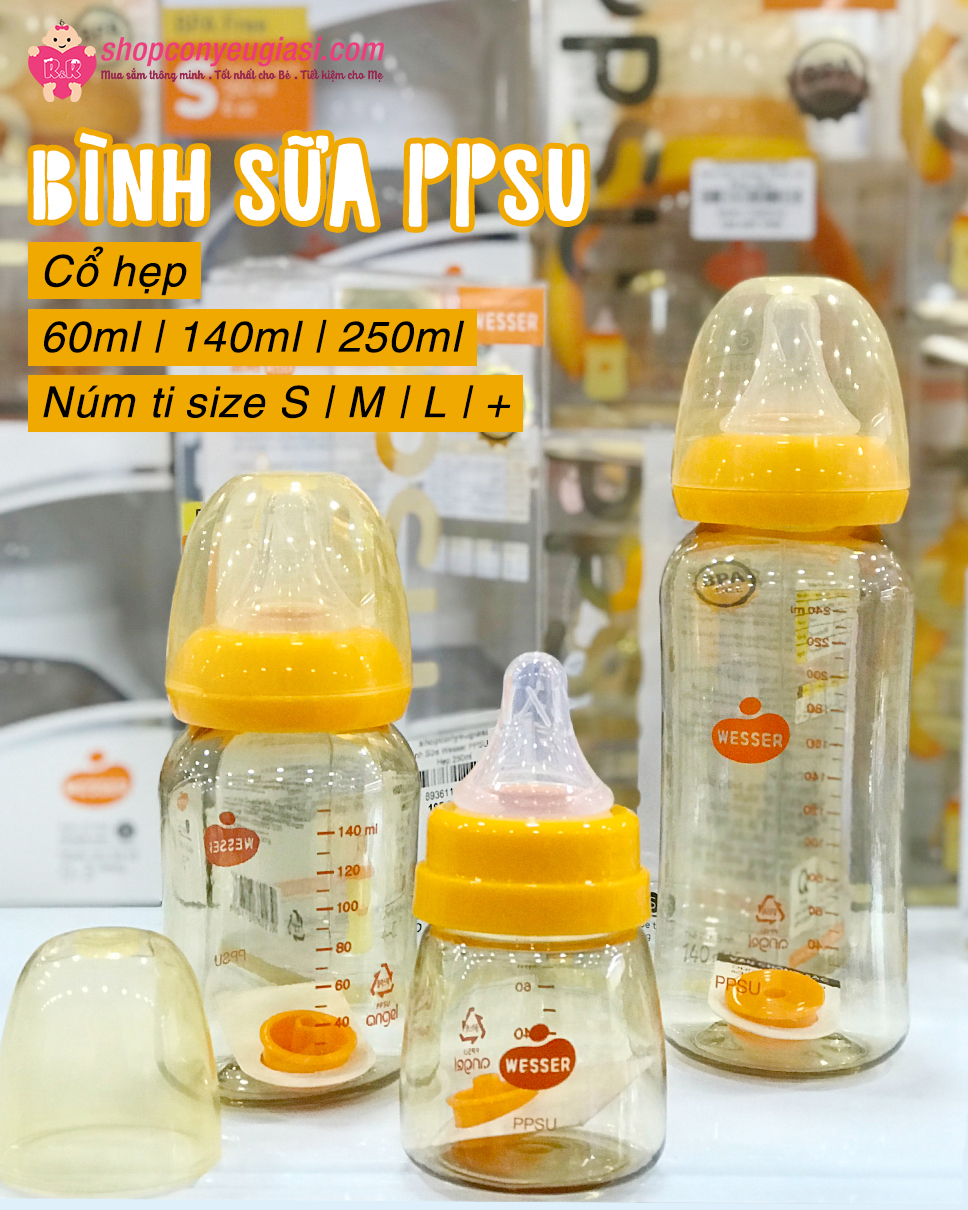 [Mẫu Mới] Bình Sữa Wesser PPSU Cổ Hẹp 60ml / 140ml / 250ml