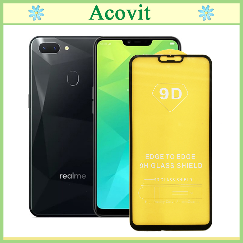 "Kính cường lực 9D Realme 2 " _ FULL Màn Hình _ Độ Cứng 9H _ Anh thật Sản Phẩm _ ( Tặng kèm bộ giấy lau Màn hình) Acovit"