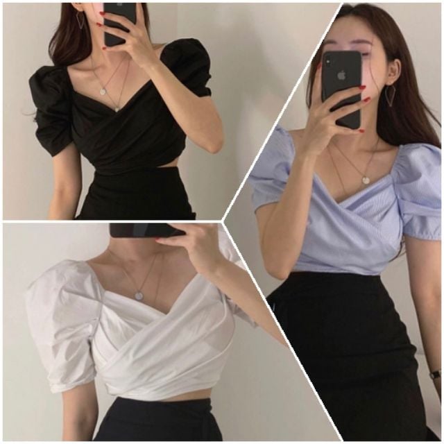 [HCM]Áo croptop tay phồng đắp chéo có 3 màu
