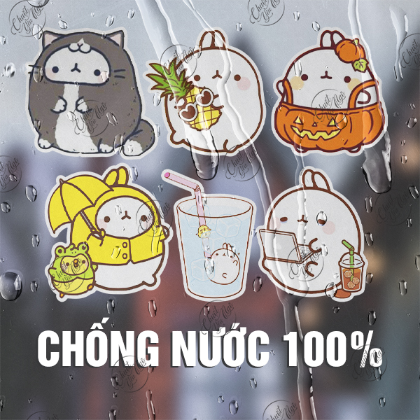 Combo 100 sticker thỏ MOLANG dễ thương chất liệu decal nhựa hình dán chống nước trang trí laptop điện thoại xe máy