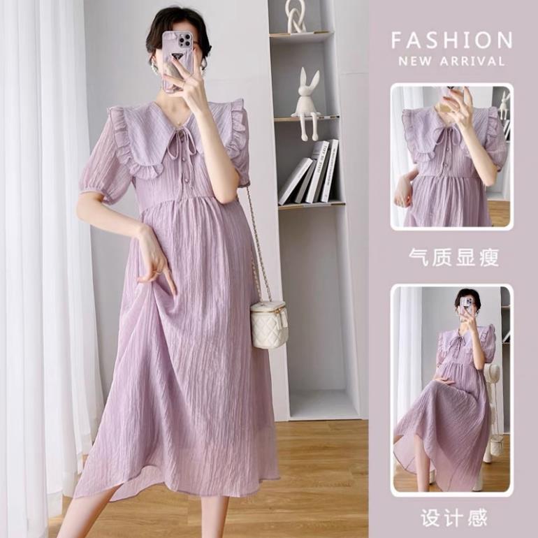 Váy bầu đũi, Đầm bầu Cổ V Màu Tím Pastel