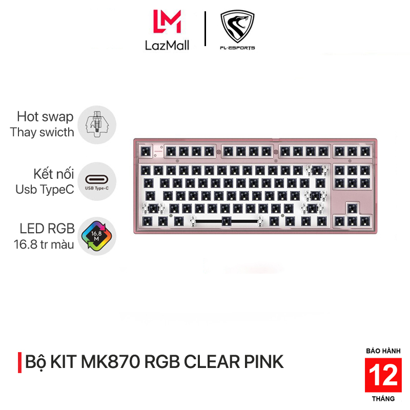 Bộ KIT bàn phím cơ FL-Esports MK870 RGB Clear Pink - Mạch xuôi - Sẵn foam - Hàng chính hãng