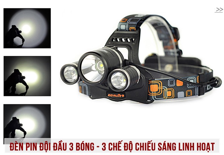 [HCM](ĐÈN TỐT) Đèn pin đội đầu siêu sáng - Đèn Pin Led Siêu Sáng Đội Đầu 3 Bóng (Đen) Nhiều Chế độ tặng kèm pin và sạc