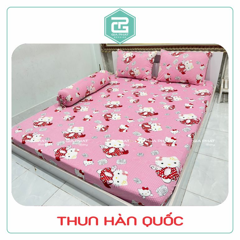 Bộ ga gối Thun Lạnh Hàn Quốc {4 món} họa tiết Kitty (1 ga bọc + 2 vỏ gối nằm + 1 vỏ gối ôm)