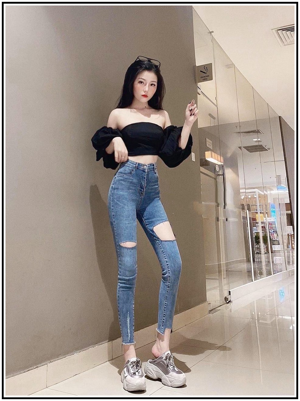 Quần Jean Nữ Lưng Cao Rách 2 BÊN To Nhỏ phối Rách lai chất jean giãn tốt 2- 1668 -16