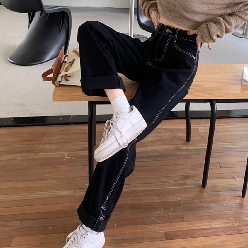 Quần jeans dài cạp cao phối chỉ nổi, quần jeans dài nữa dáng rộng_j25