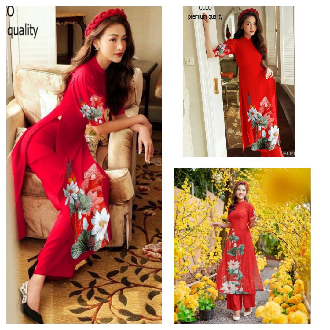 Set Áo Dài Cách Tân Lụa Trơn Phối Hoa Nổi 3D Dáng Dài Có Size To NGOCTRANSHOP - NT2102