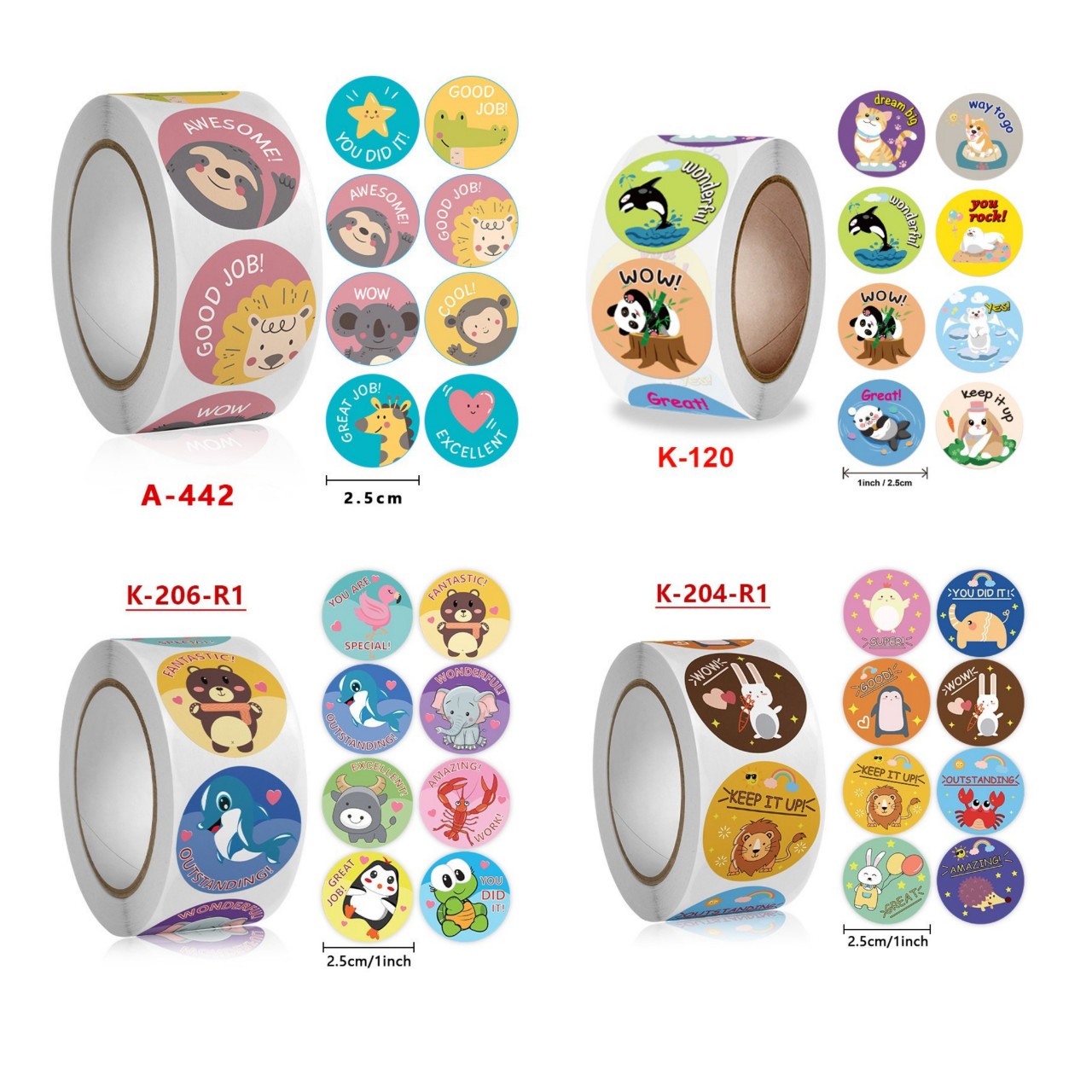 Cuộn 500 tem Sticker Khen thưởng hình thú cho bé - 2.5cm