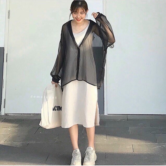 [ Tặng kèm áo 2 dây ] Áo sơ mi khoác voan mỏng form oversize