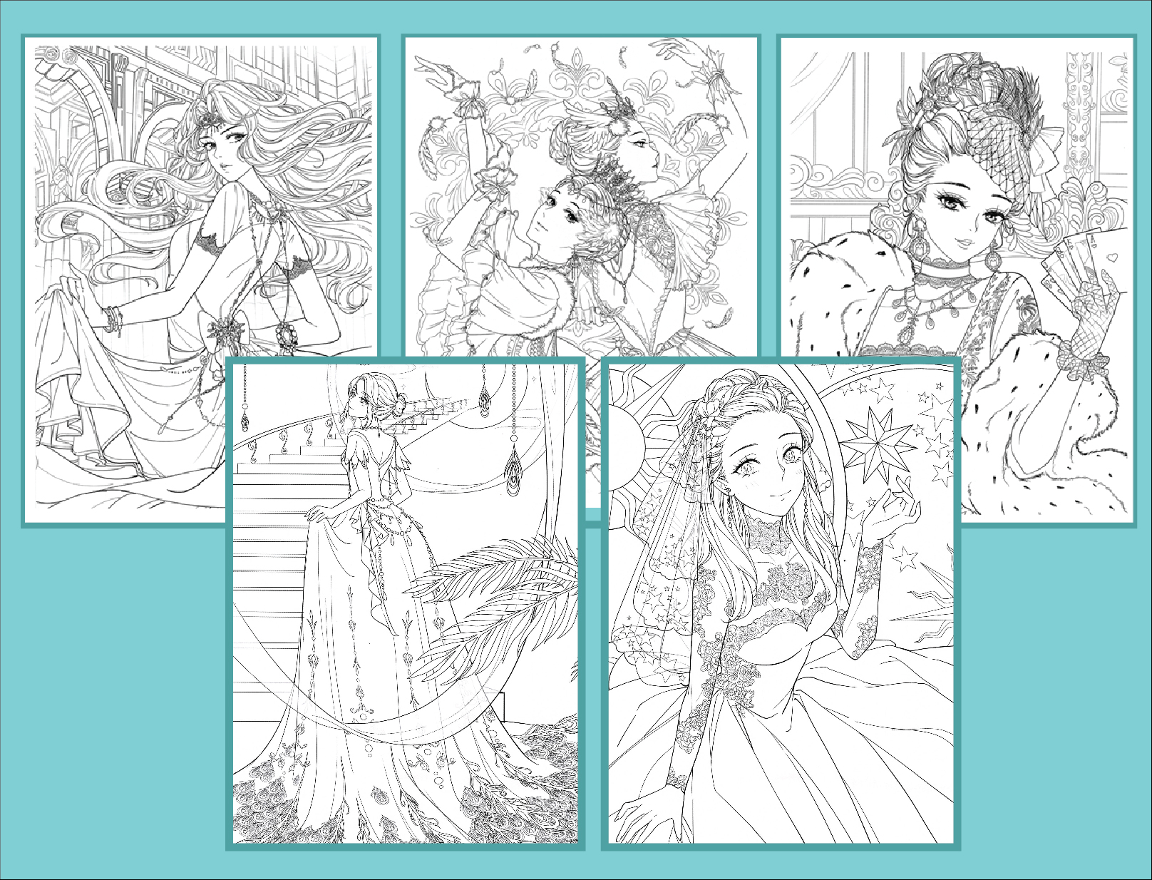 line art tranh tô màu Anime Girl combo 5 tranh  giấy dầy đẹp