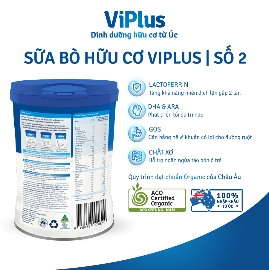Sữa Bột Công Thức Hữu Cơ Viplus Organic Số 2 800g (6 Đến 12 Tháng) - Date 07.2023