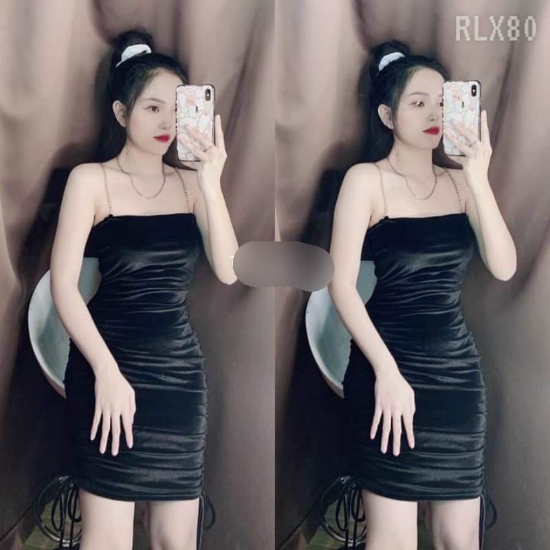 đầm 2 dây nhung phối xích dây rút 2 bên D108