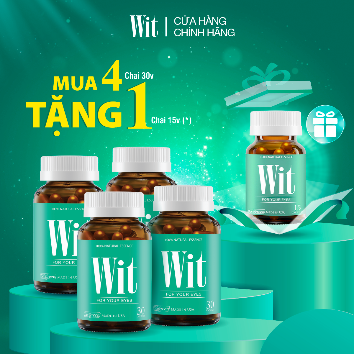 [Tặng 15v] Combo 4 Hộp 30v - Viên Uống Bổ Mắt WIT Ecogreen Hỗ Trợ Bảo Vệ Mắt Trước Ánh Sáng Xanh, hàng chính hãng, made in USA