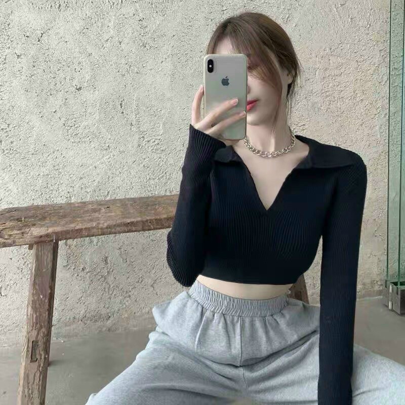 Áo tay dài cổ tim vải thun gân cột nơ lưng mc